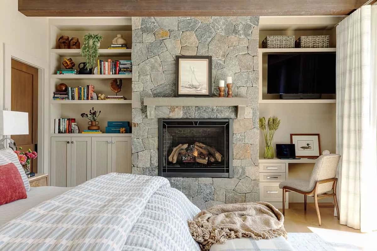 contemporary bedroom with a fireplace