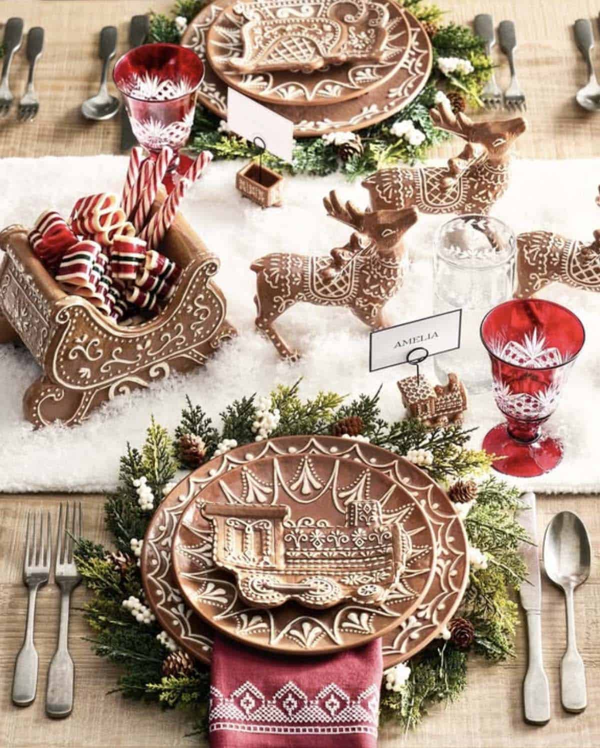 hand-painted Gingerbread Train christmas dining table centerpiece with place cards