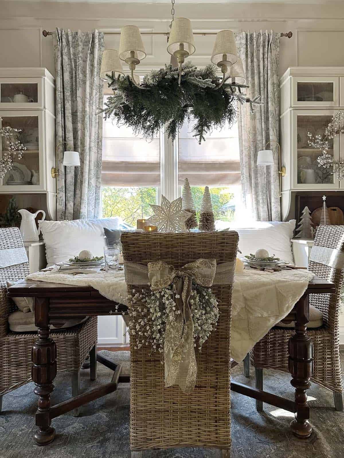 christmas decorated table with frosty decor