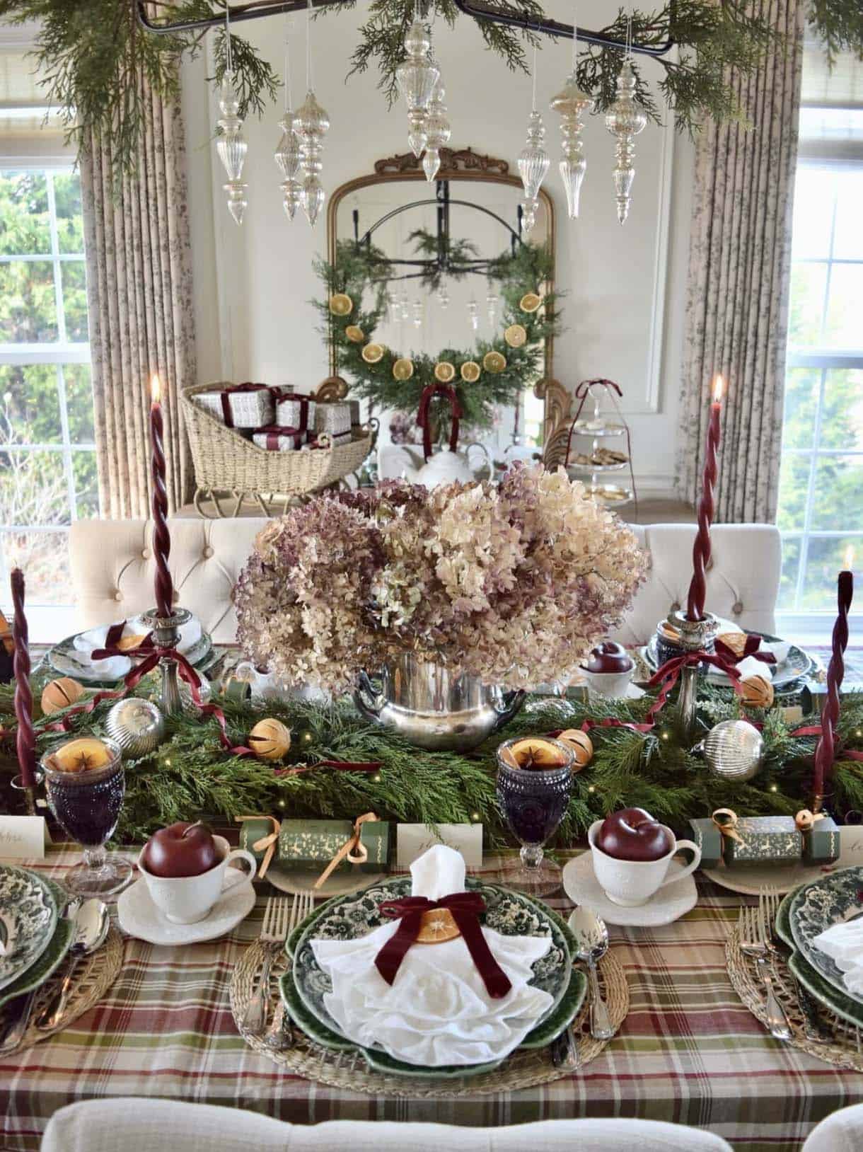 english country christmas decor on the dining table