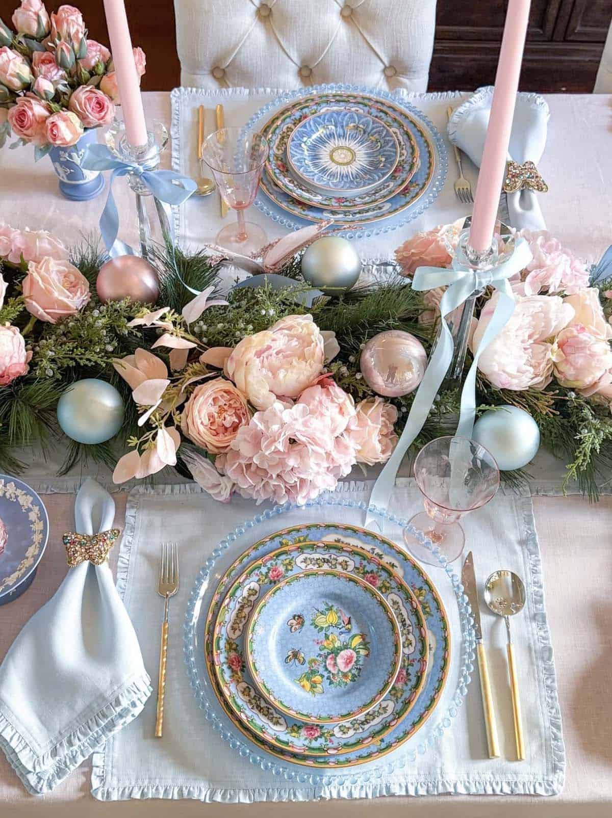 pink and blue tablescape for christmas