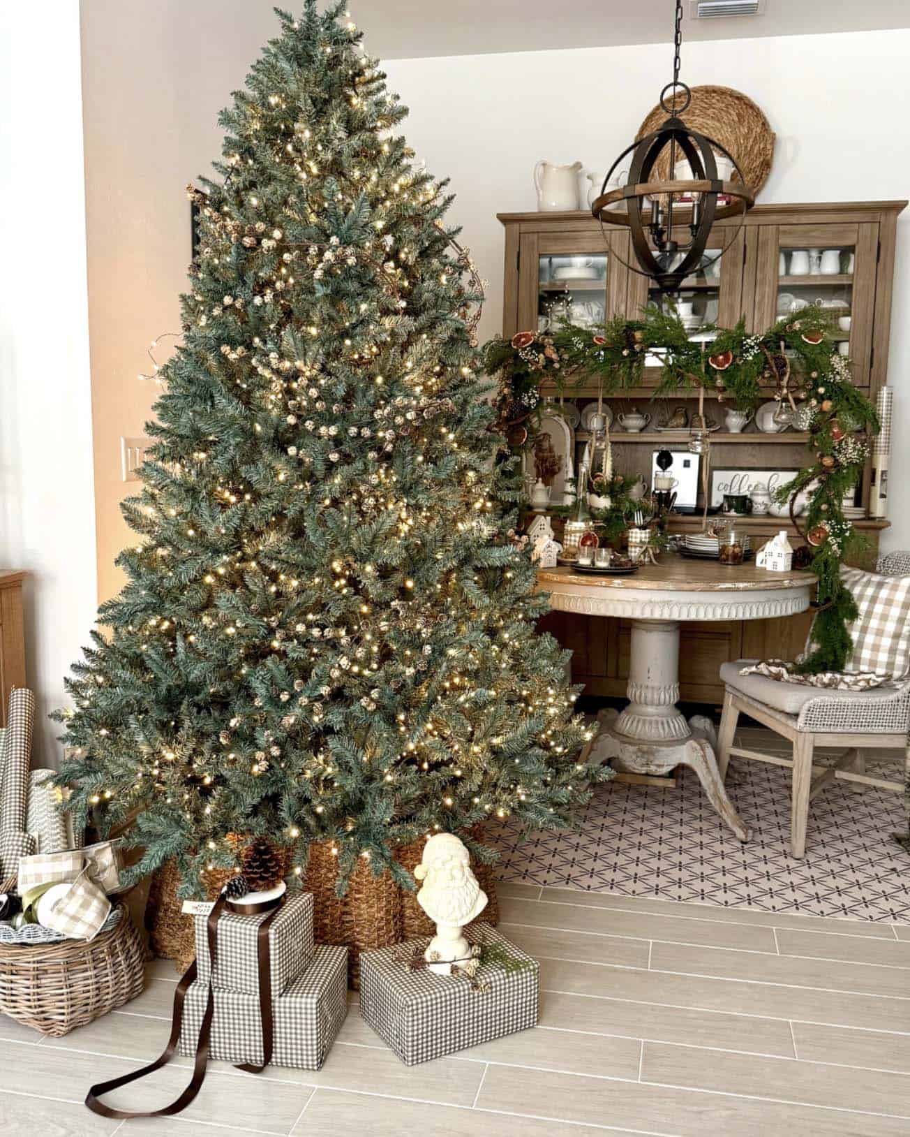 rustic farmhouse style dining table decor with a christmas tree