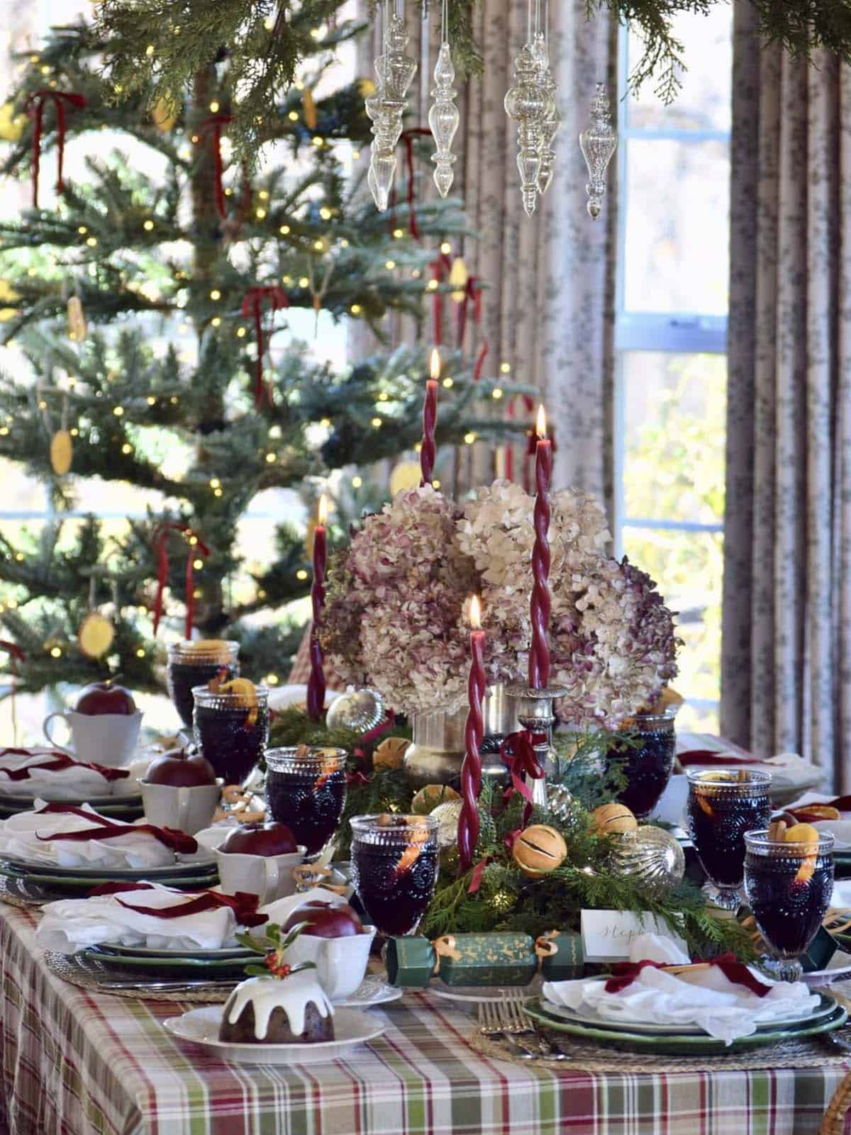english country christmas decor on the dining table