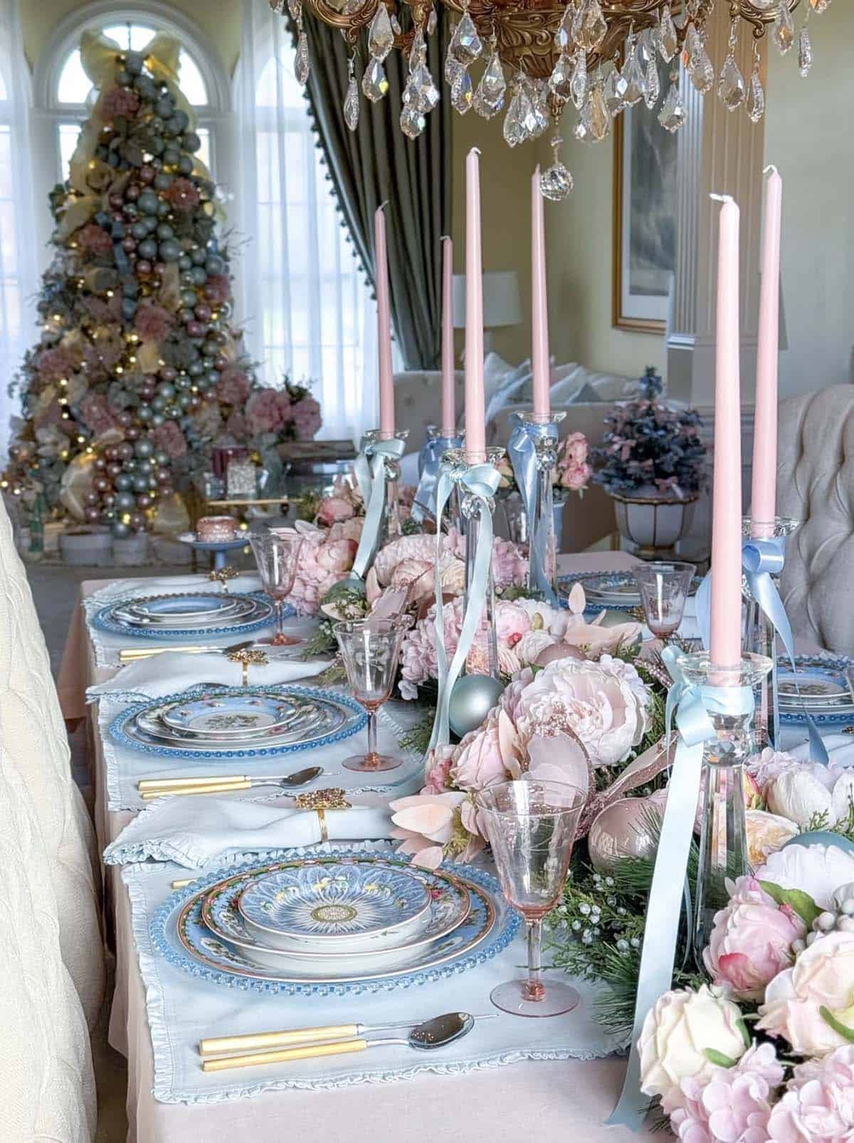 pink and blue tablescape for christmas