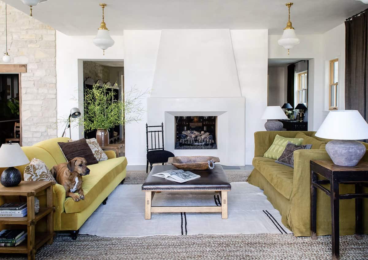 farmhouse living room with a fireplace