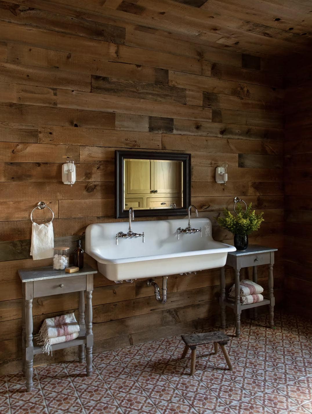 farmhouse bathroom with a trough sink