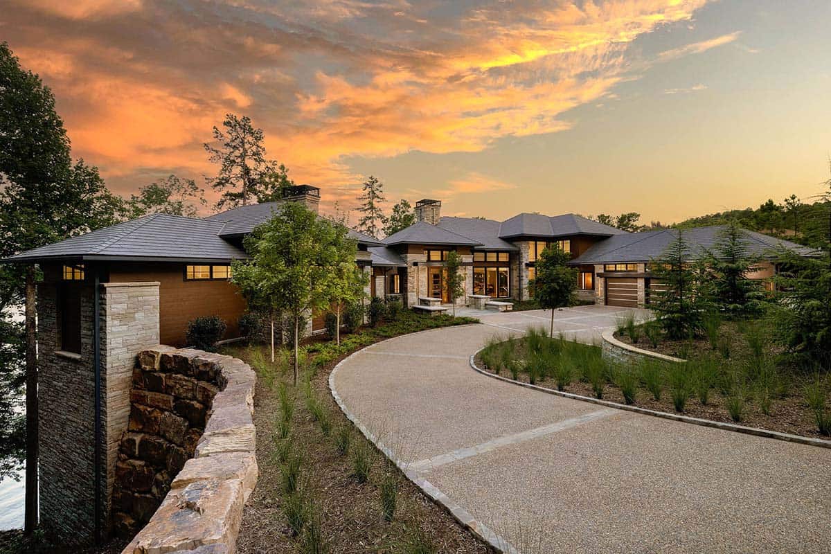 lake house exterior at sunset