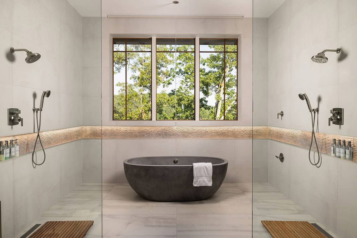 contemporary bathroom with a freestanding tub