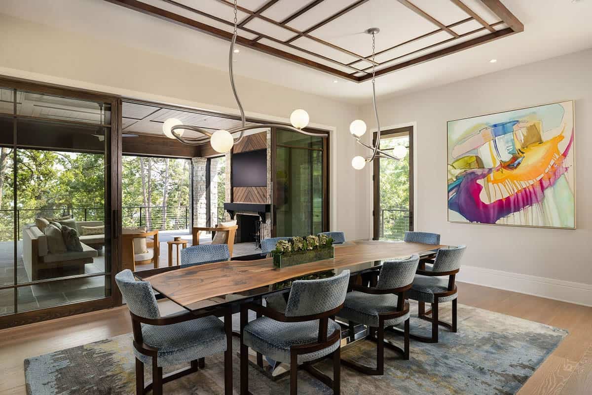 contemporary dining room with sliding gkass doors