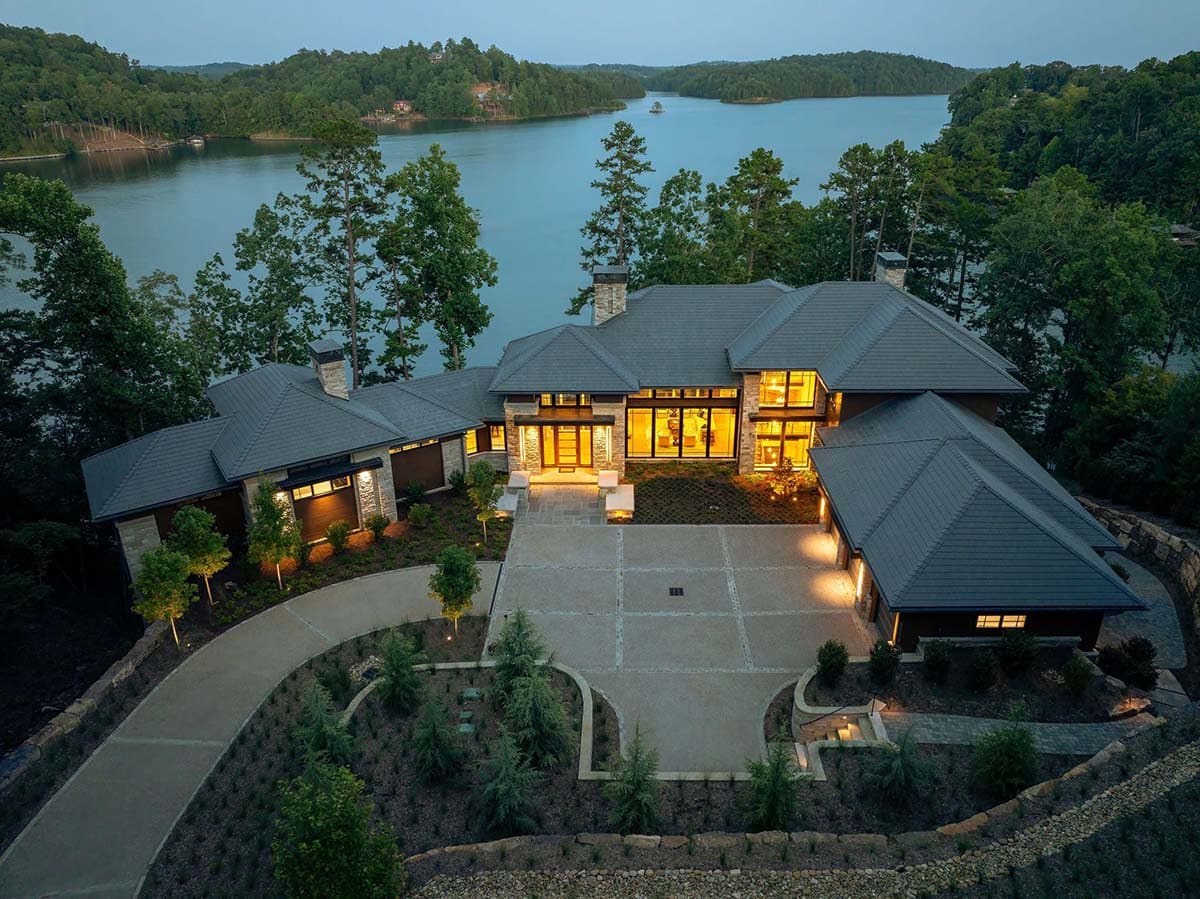 lake house exterior aerial view at dusk