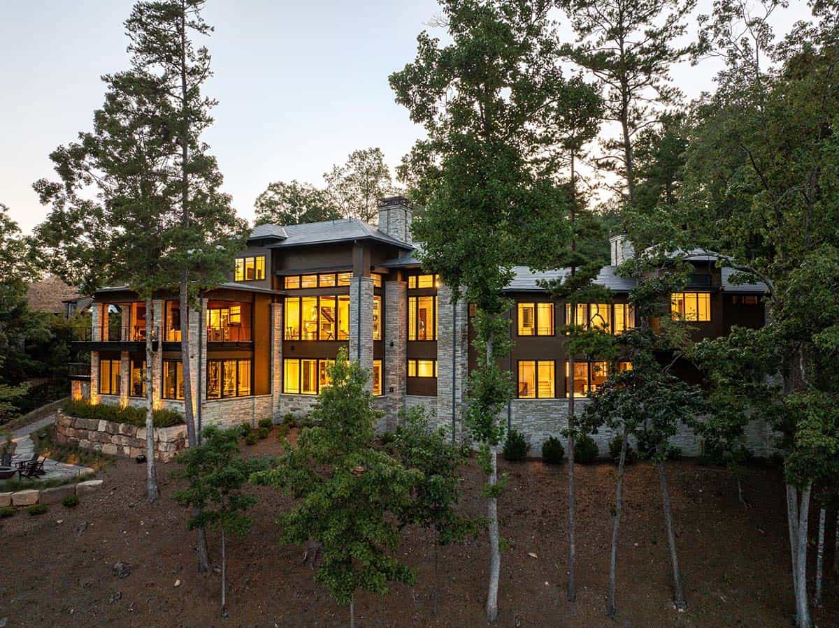 lake house exterior backyard view at dusk