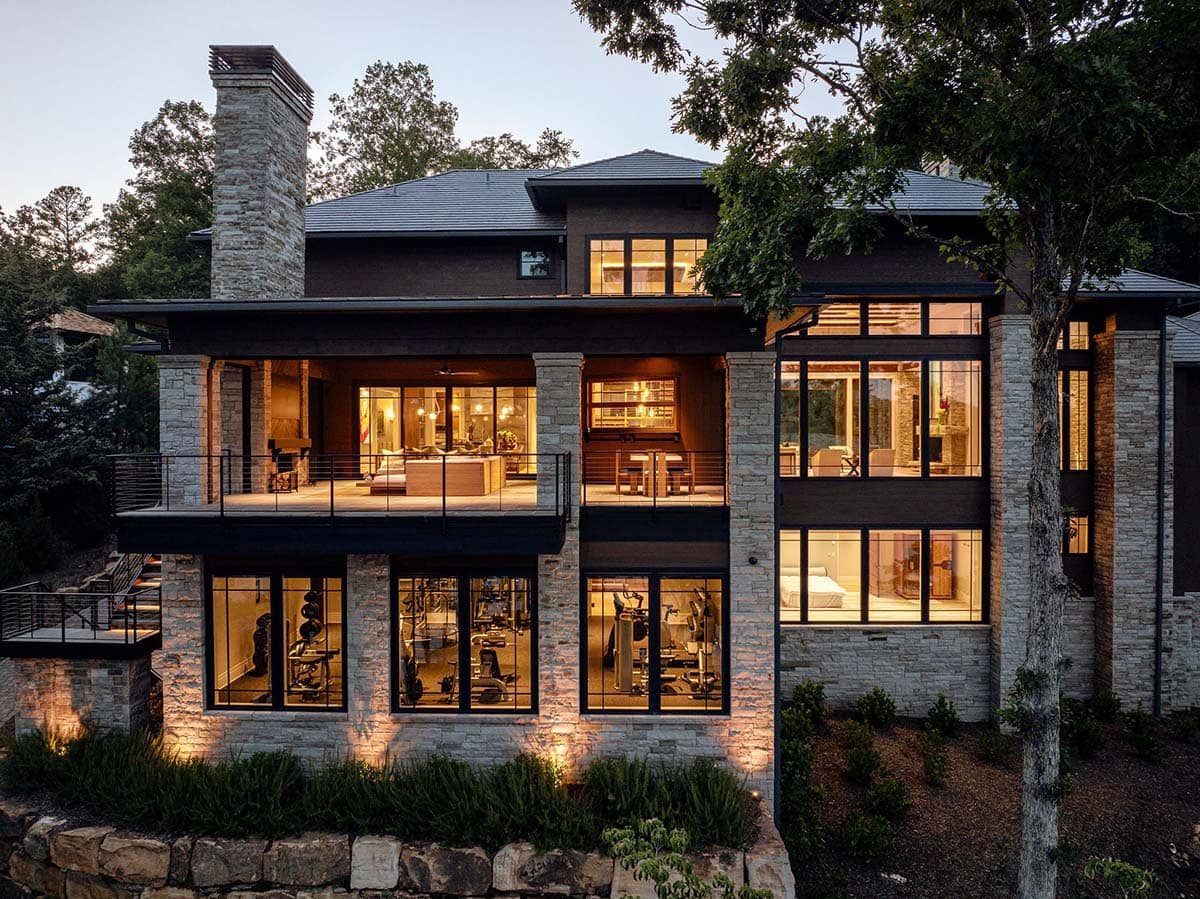 lake house exterior backyard view at dusk