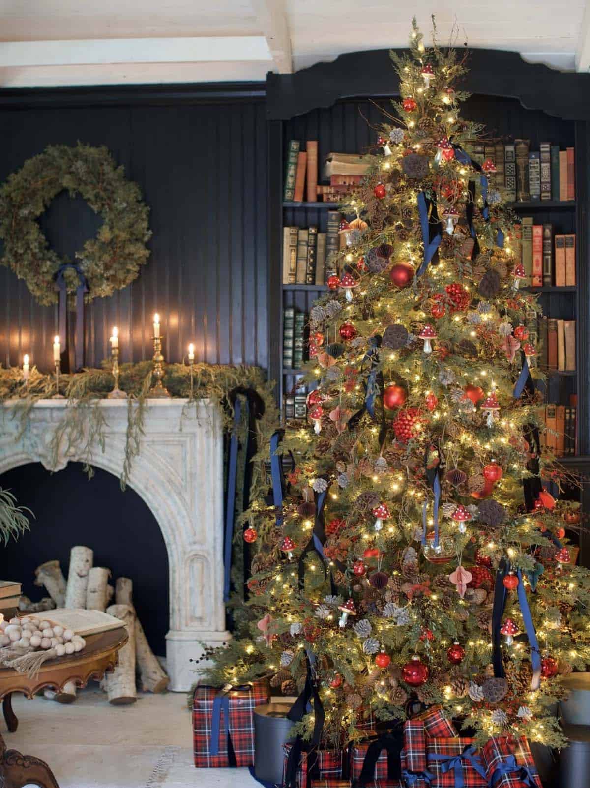 cottage style christmas decor with a tree and pops of red