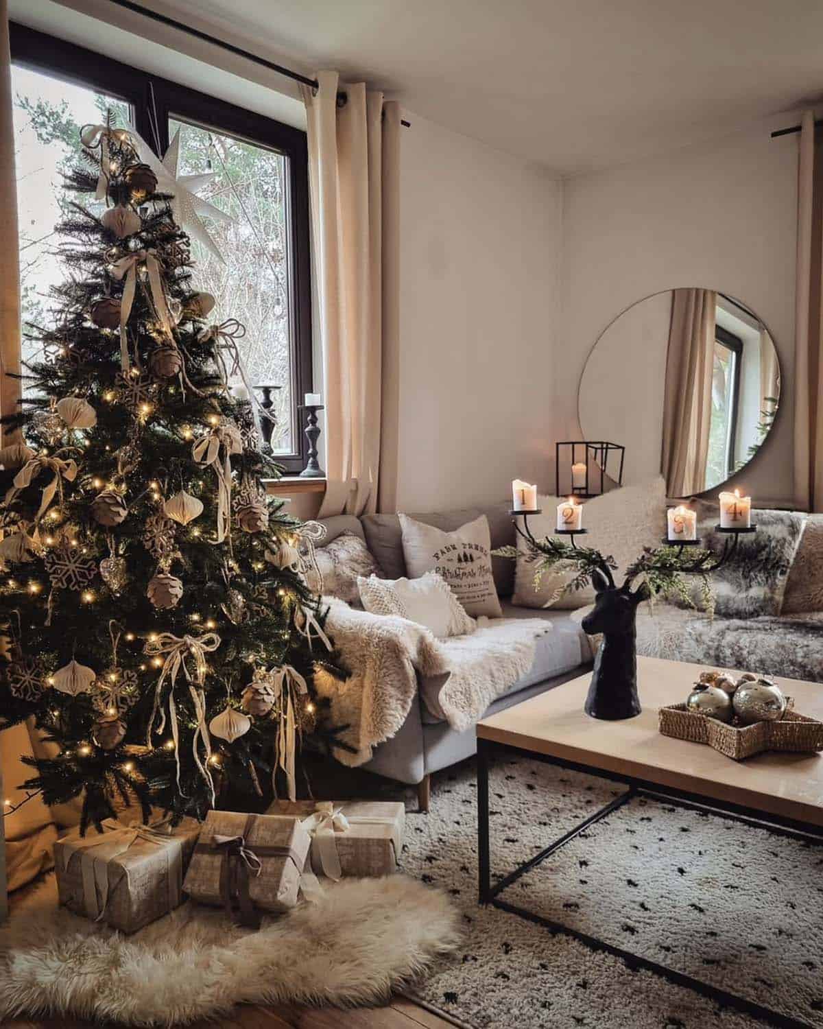 christmas decorated living room with a tree 
