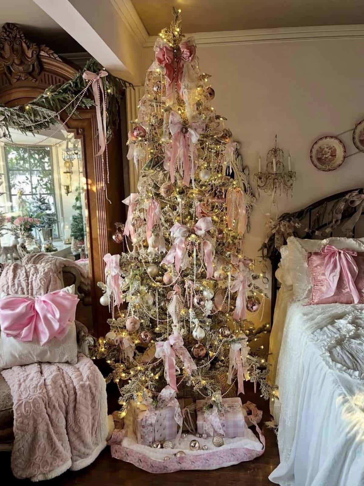 christmas decorated bedroom with pops of pink