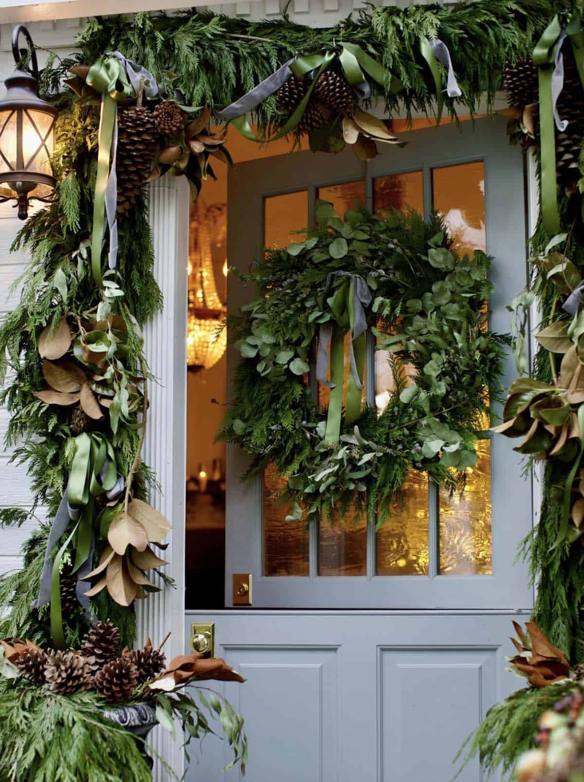 natural Christmas greens on the front porch