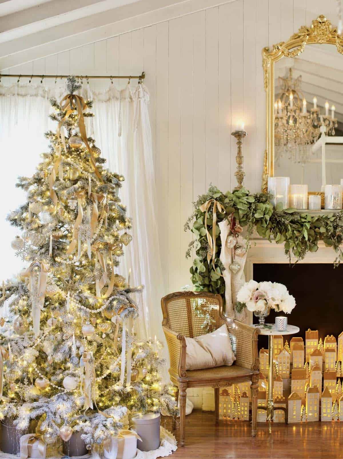 french country style christmas living room with a tree