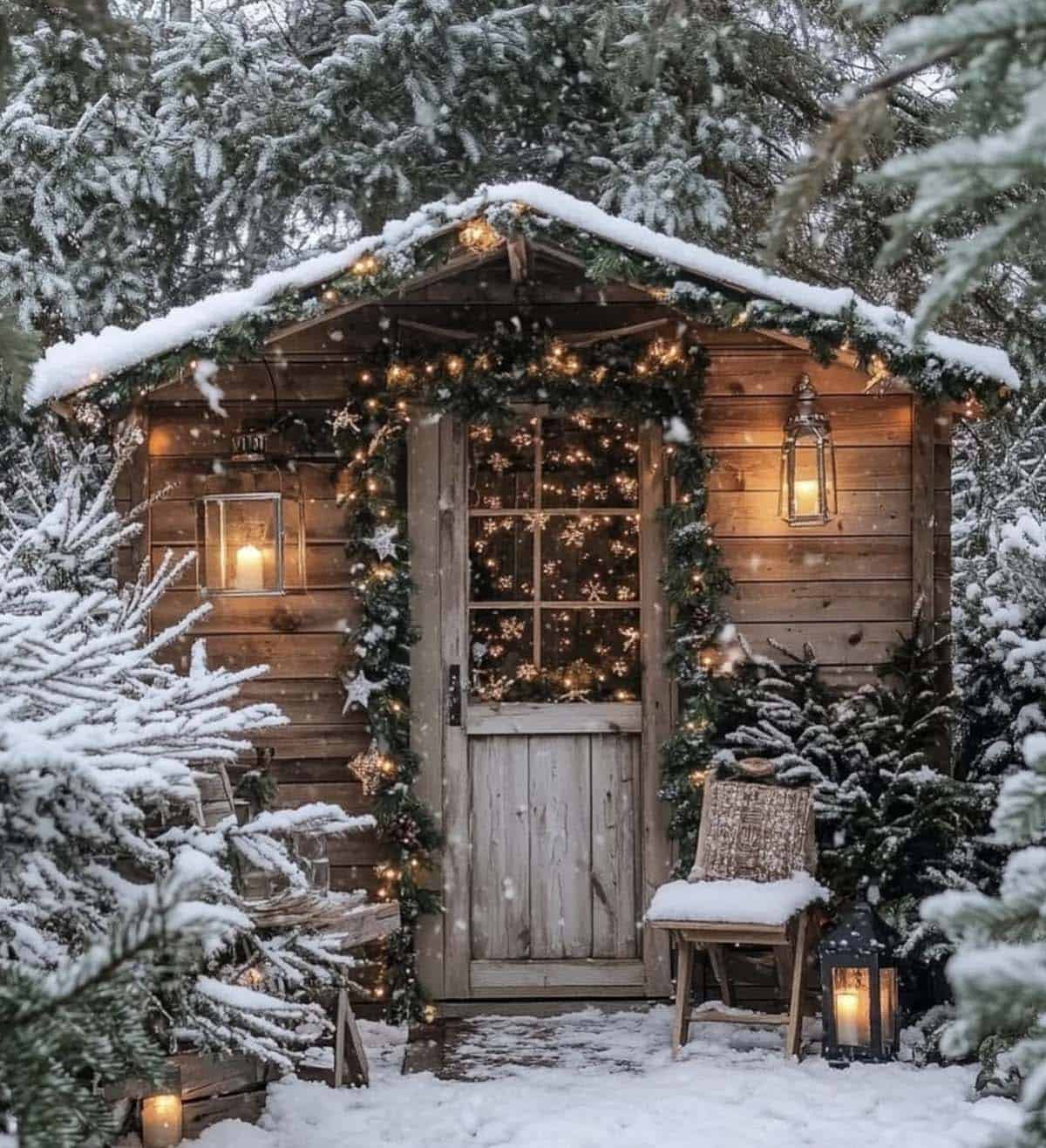 garden shed with christmas lights and greenery