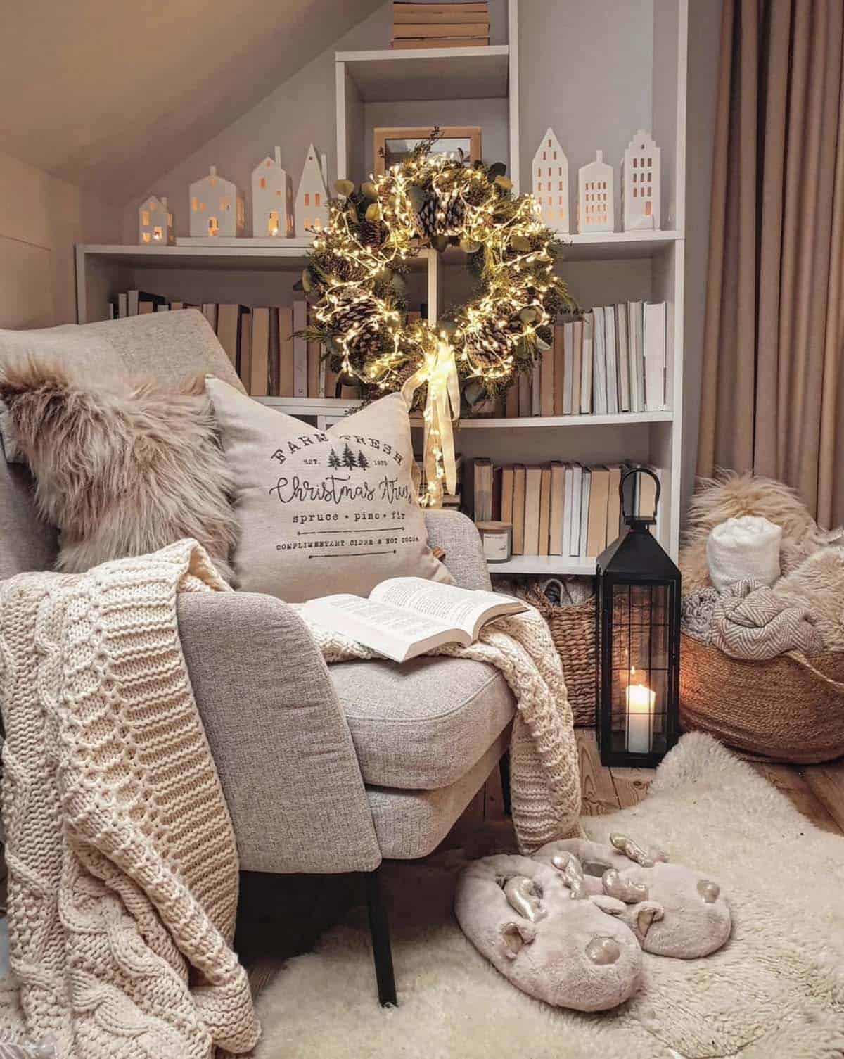 cozy christmas decorated reading nook