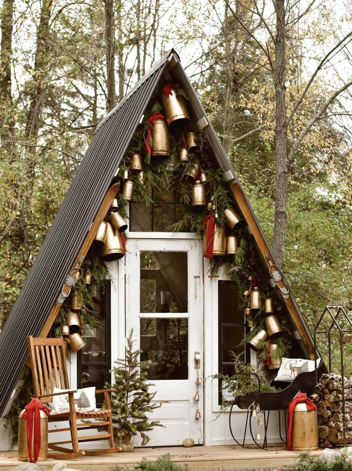 A-frame decorated for christmas with a bell garland