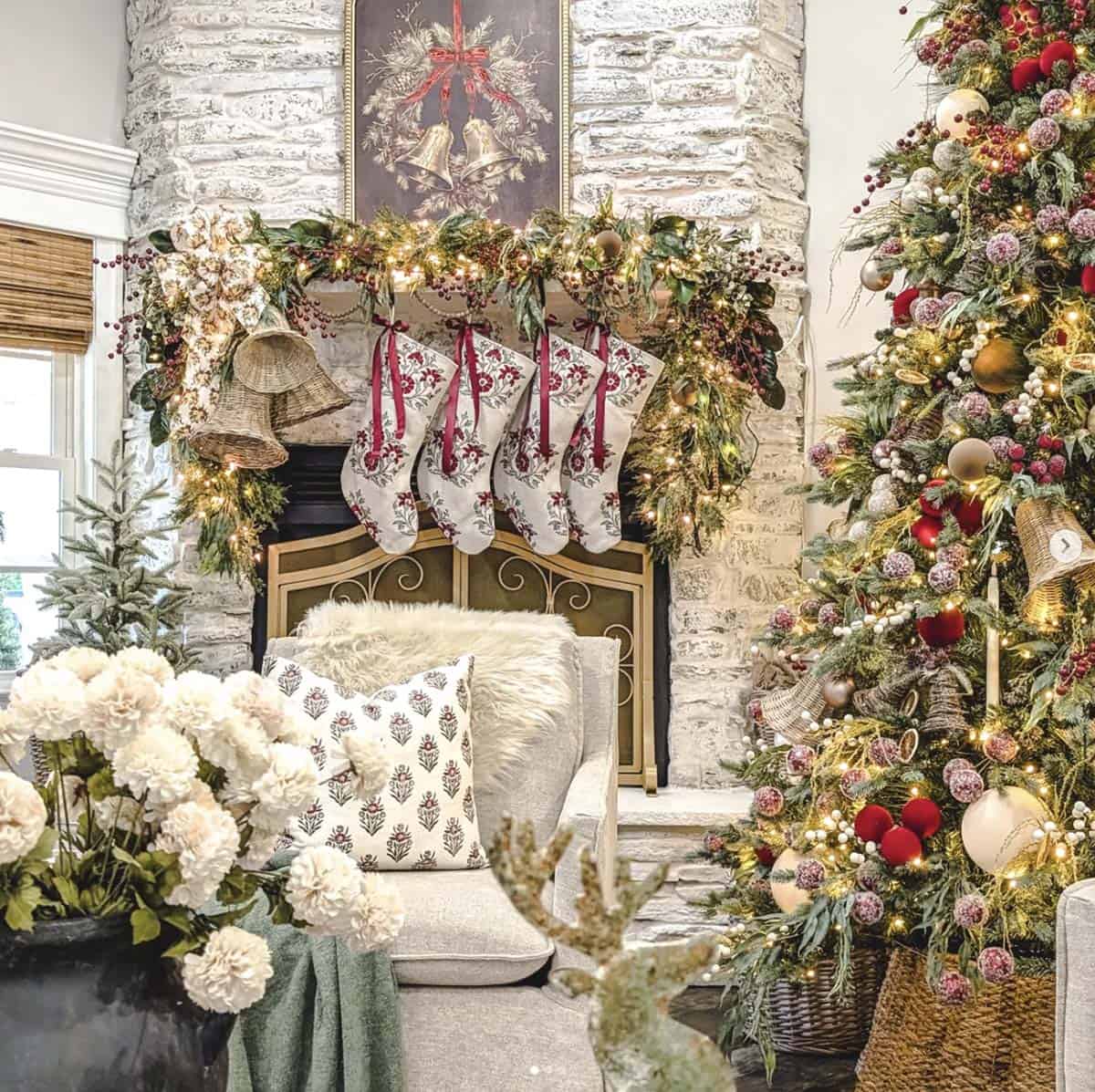 living room fireplace mantel decorated for christmas 