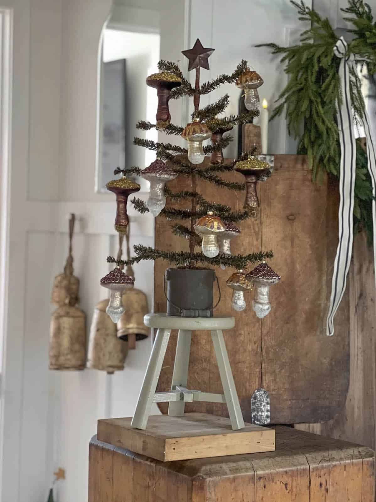 tabletop christmas tree with mushroom ornaments