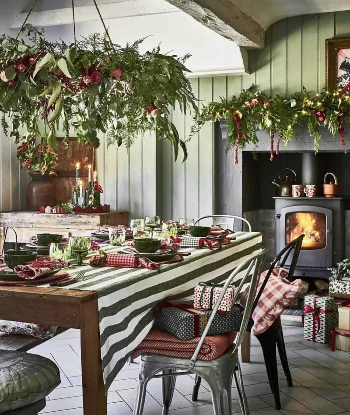 country style dining room decorated for christmas gatherings
