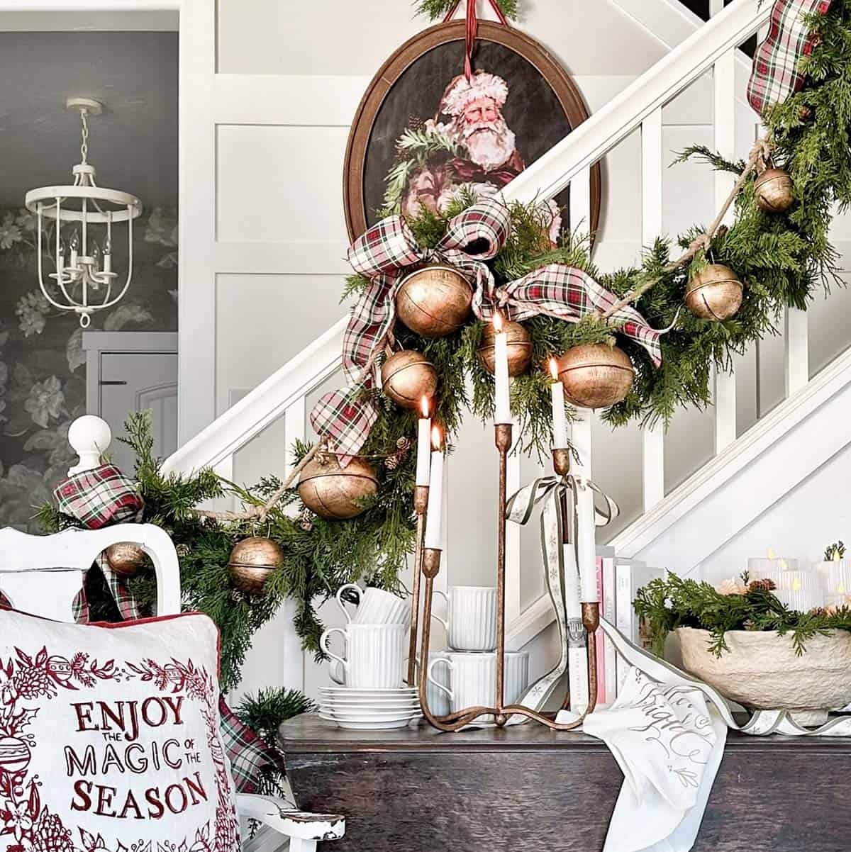 christmas garland on the staircase banister
