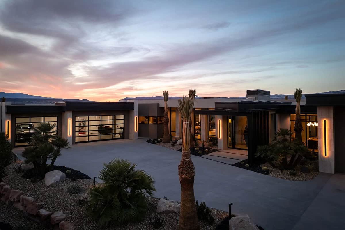 modern desert home exterior at dusk
