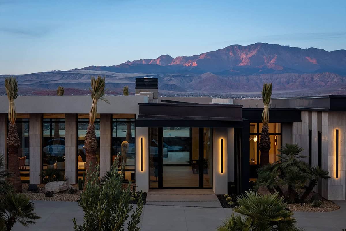 modern desert home exterior at dusk