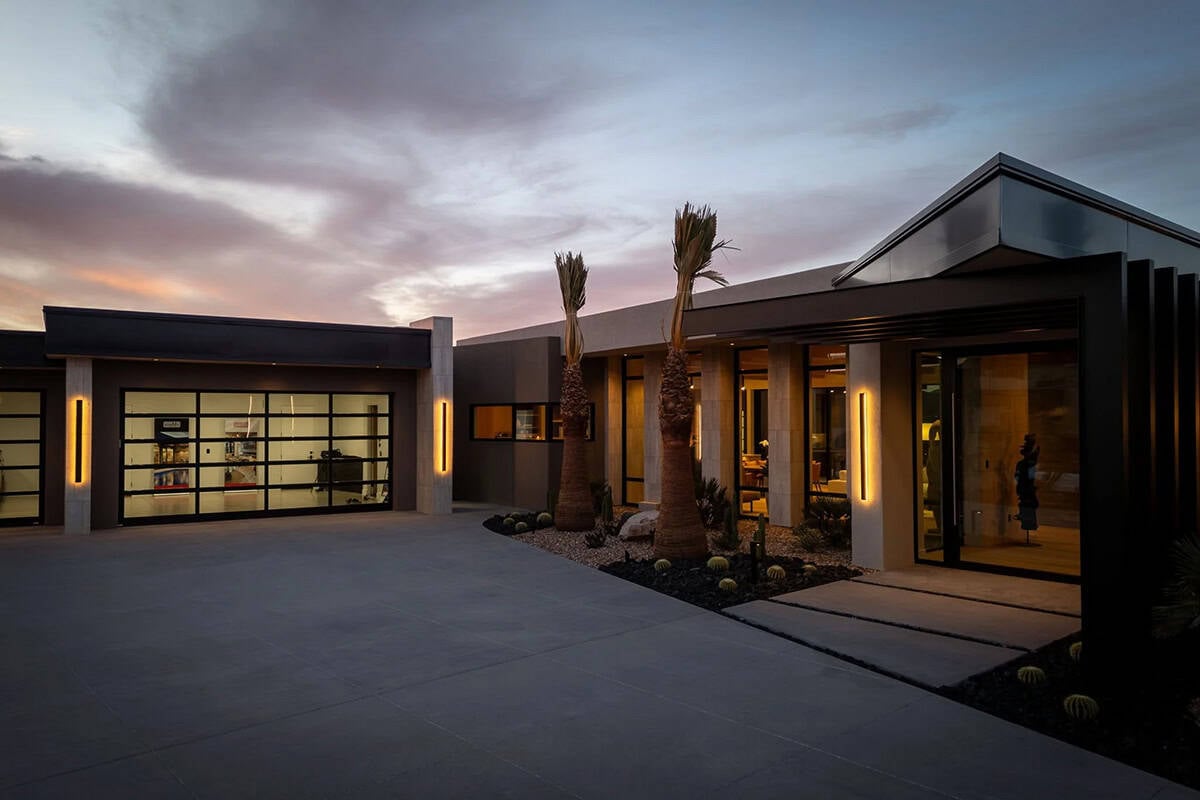 modern desert home exterior at dusk
