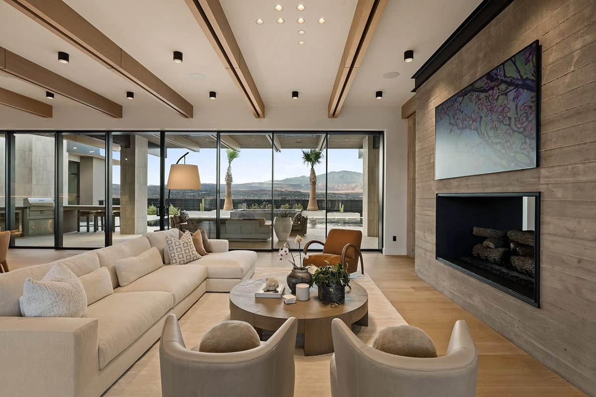 modern living room with a fireplace