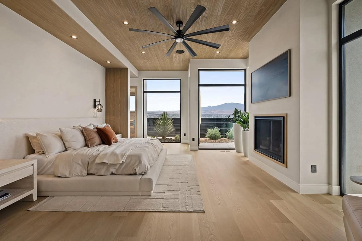 modern bedroom with a fireplace