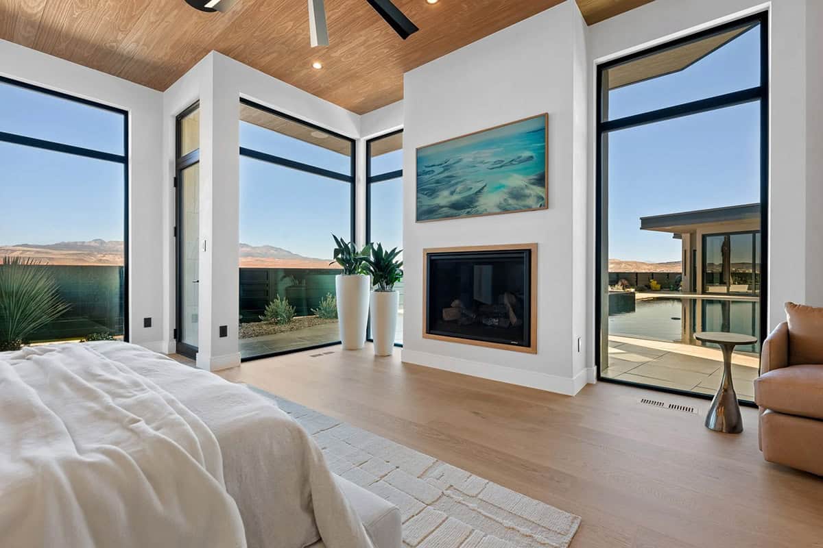 modern bedroom with a fireplace