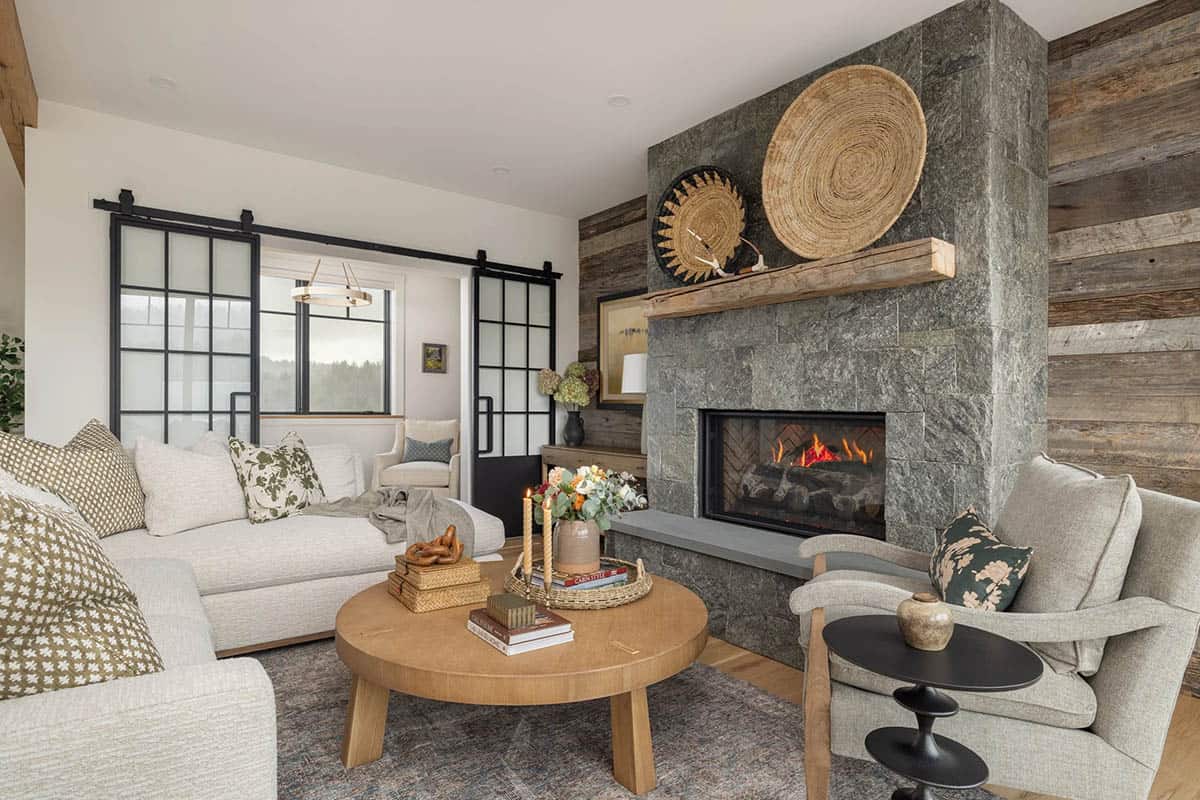 modern mountain style living room with a fireplace