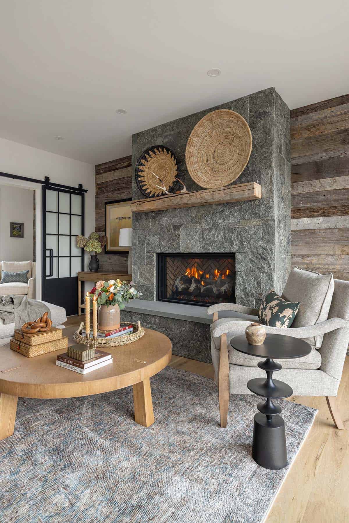 modern mountain style living room with a fireplace