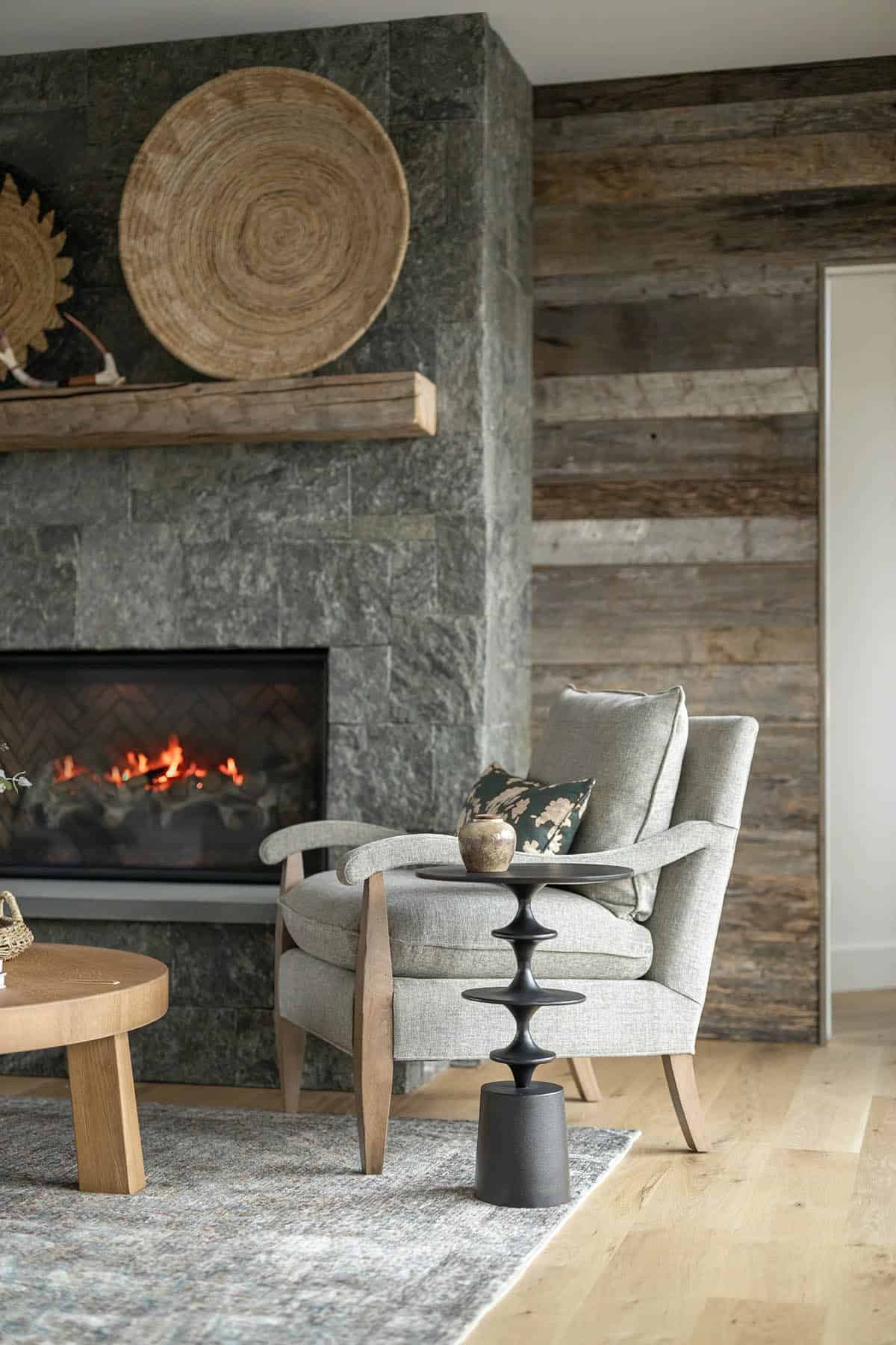 modern mountain style living room with a fireplace