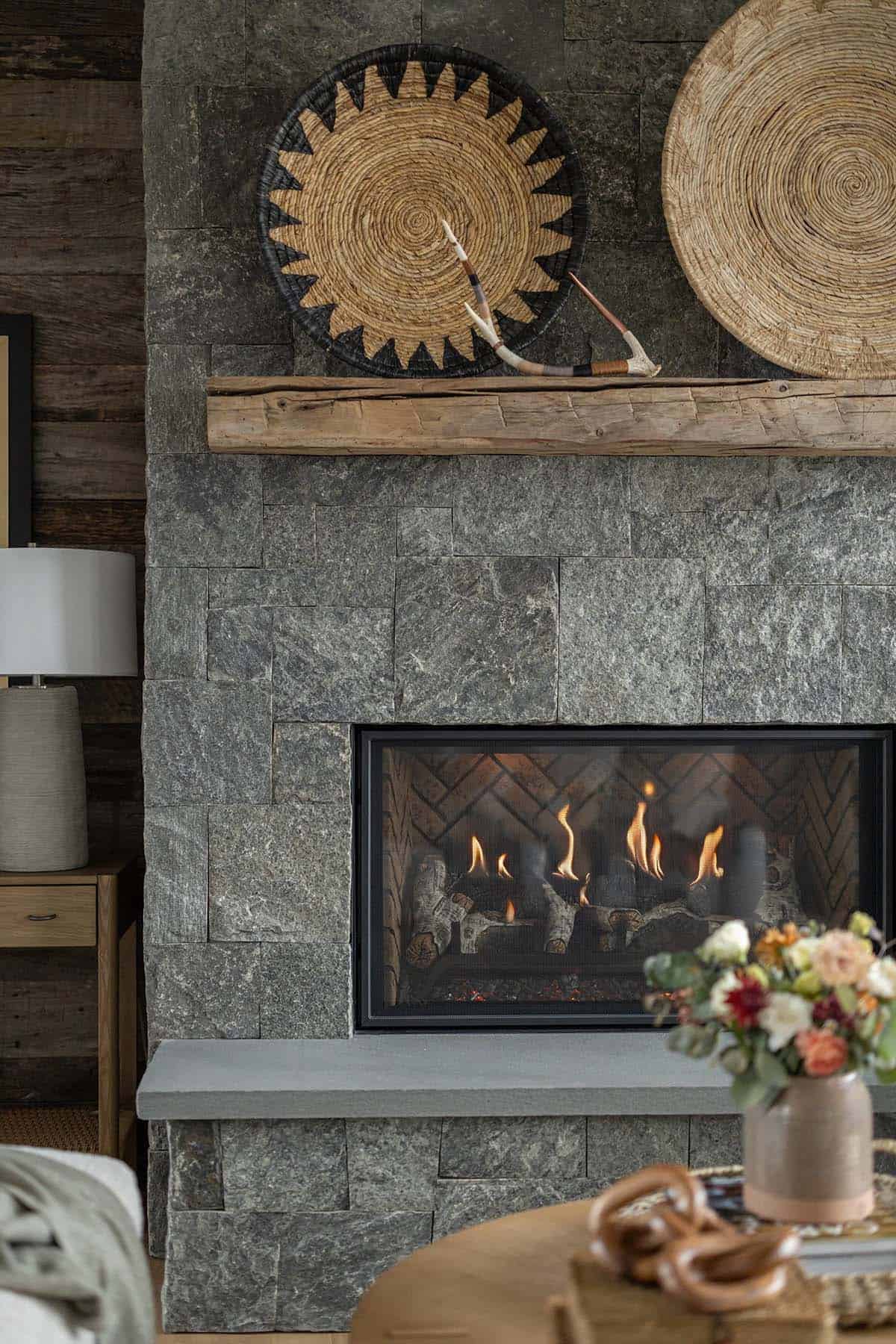 modern mountain style living room with a fireplace