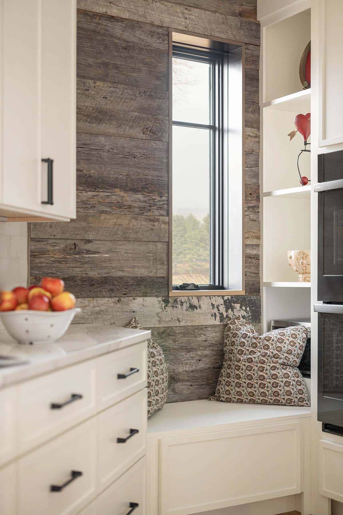 modern mountain style kitchen and built-in window seat