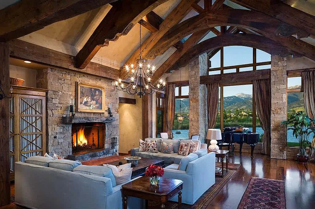 modern rustic living room with a fireplace