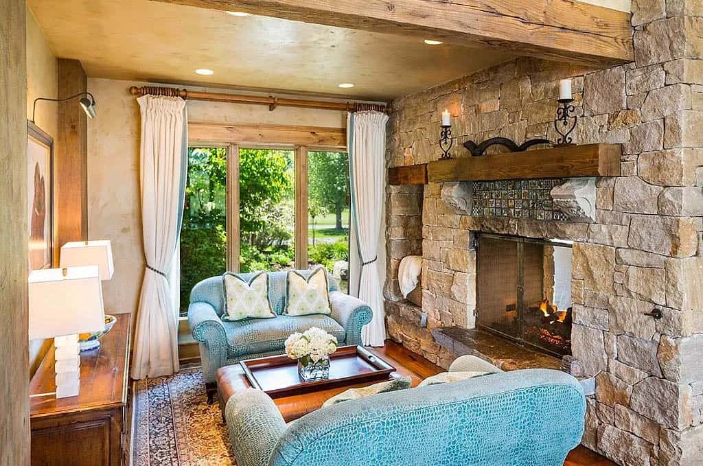 modern rustic family room with a fireplace