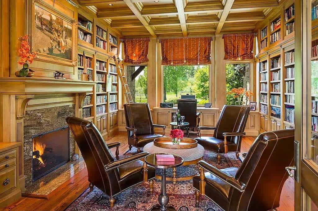 modern rustic family room with a fireplace