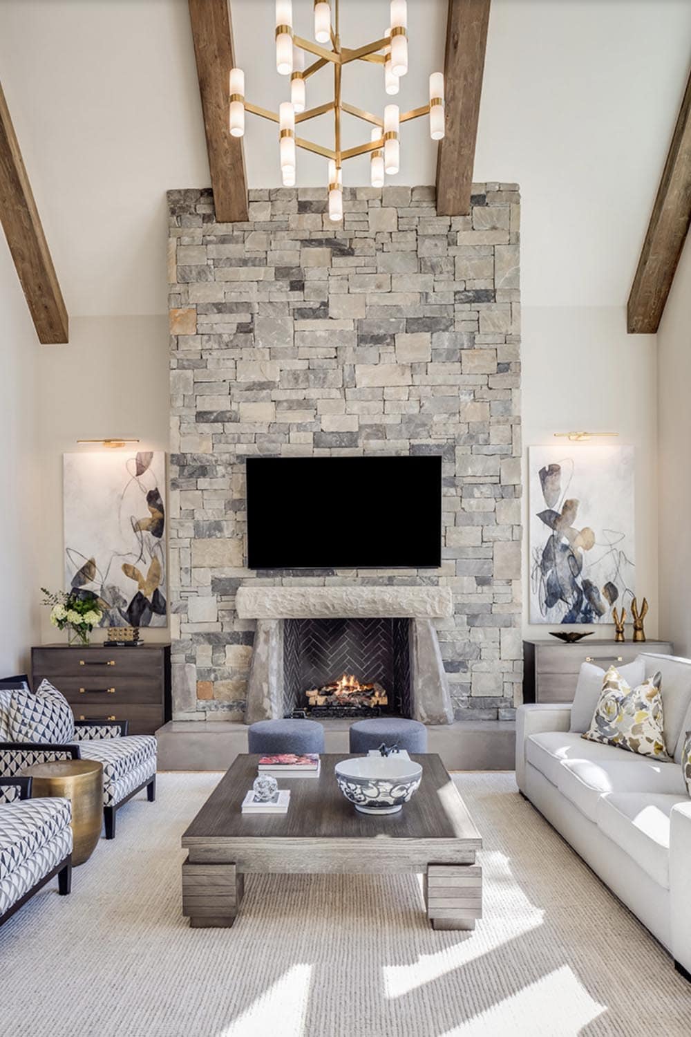 contemporary living room with a fireplace