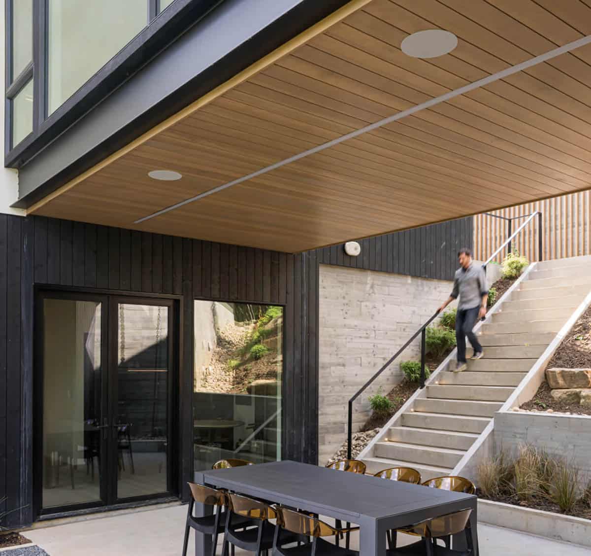 mountain modern home exterior with a covered patio