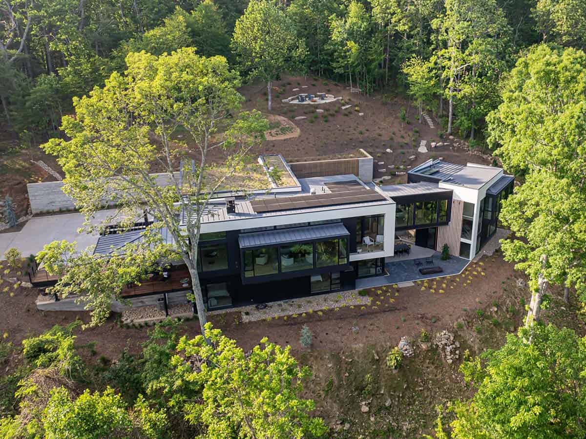 mountain modern home exterior aerial view