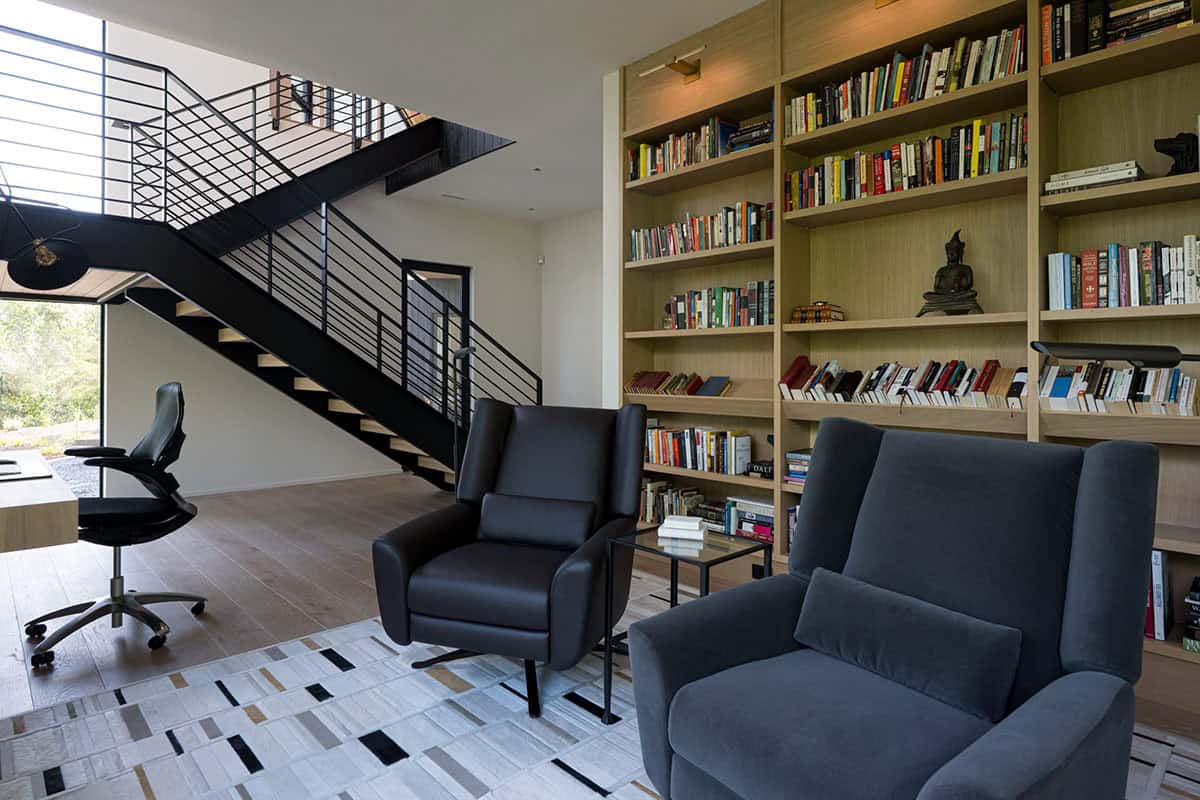 modern reading nook with built-in bookshelves