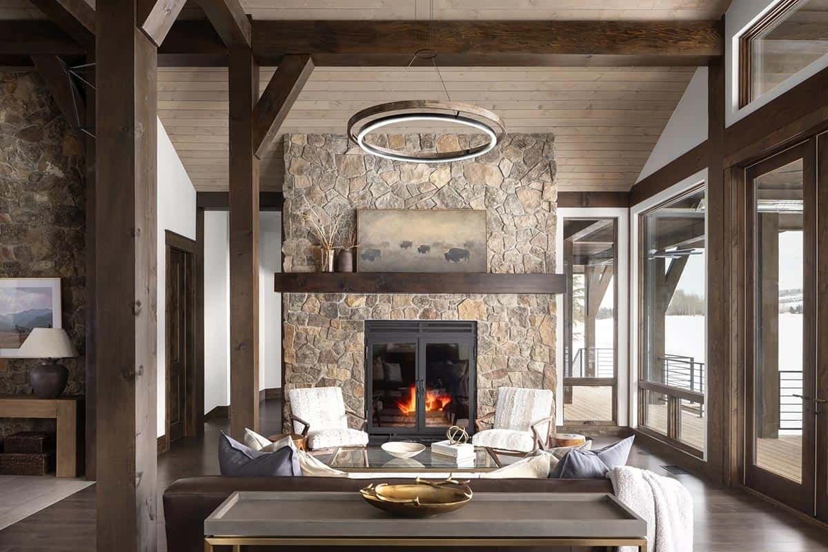 modern mountain style living room with a fireplace