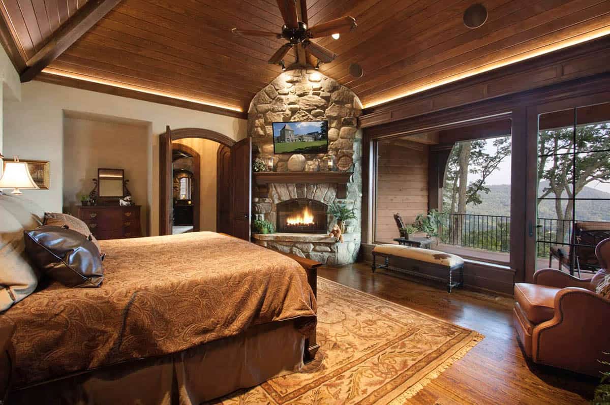 mountain rustic bedroom with a fireplace
