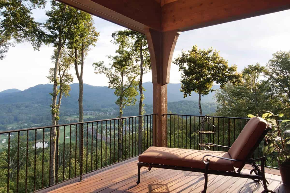 mountain rustic covered patio with lounge chairs
