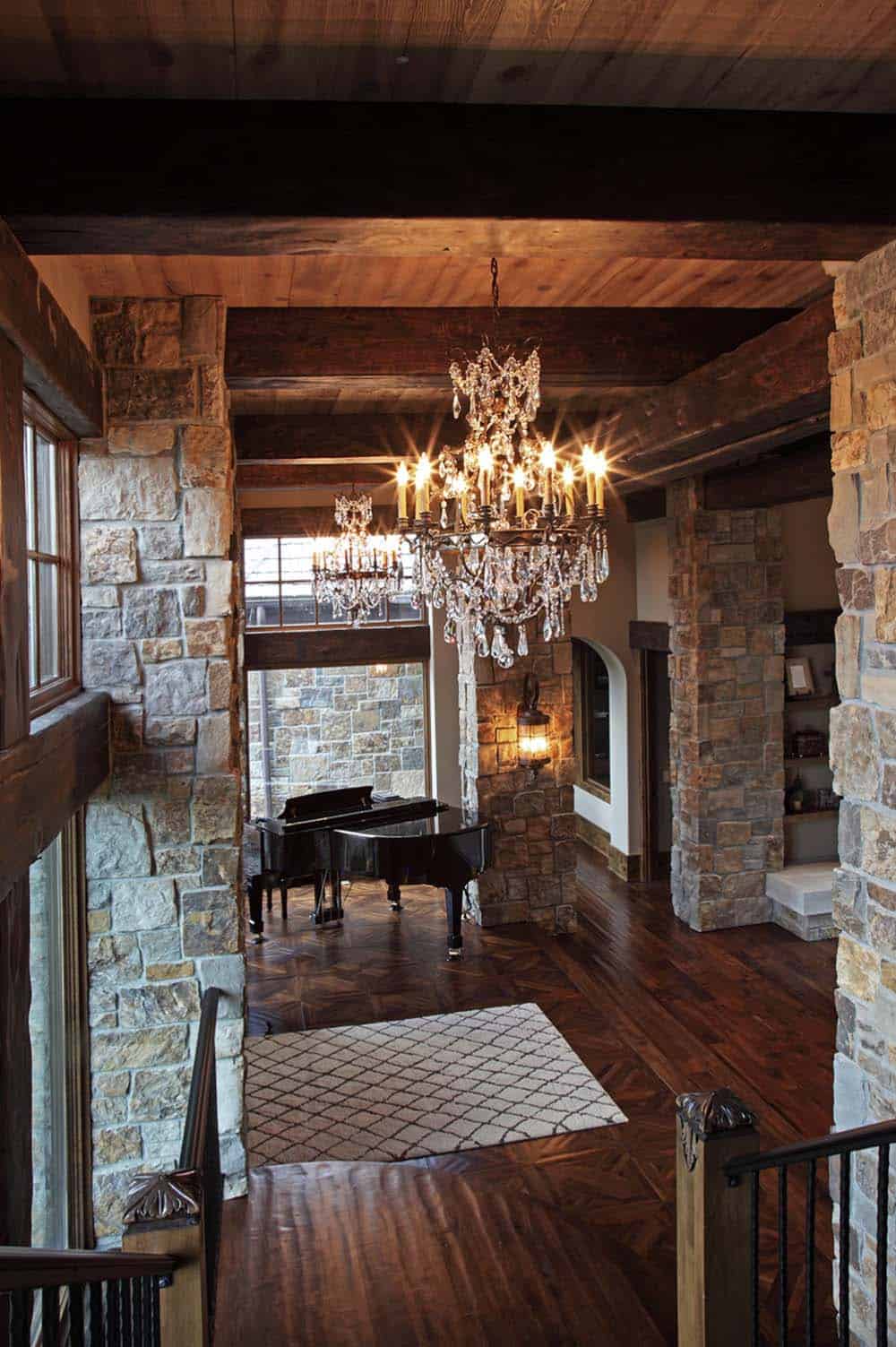 rustic entry with a piano